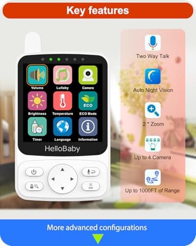 HelloBaby No WiFi Baby Monitor with Voice-Activated Night Vision,4" IPS Camera and Audio, 2-Way Talk and PTZ, 26H Battery and 1000ft Range, Portable for Nursery and Travel - Image 3