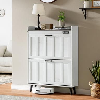 ChooChoo Shoe Storage Cabinet with 2 Flip Drawers, Deodorizing Shoe Organizer Storage for Entryway, Freestanding Hidden Slim Narrow Shoe Rack Cabinet, Antique White & Brown - Image 8