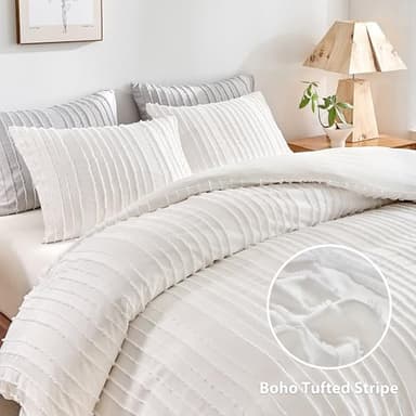 WARMDERN White Boho Duvet Cover Set, Striped Textured Tufted Bedding, Twin Size Washed Microfiber Duvet with Zipper Closure & Corner Ties - Image 2