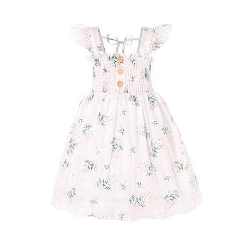 JEELLIGULAR Toddler Dress Ruffle Sleeveless Button Down Denim Dress for Toddler Girl Dress Summer Beach Casual A-line Sundress(White Retro Floral Pattern,3-4T) - Image 1