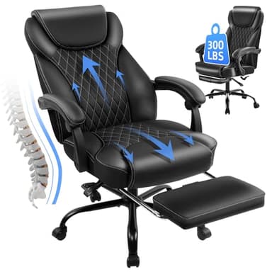 amseatec Office Chair, Big and Tall Office Chair with Foot Rest Ergonomic Chair for Home Desk, Reclining High Back Leather Chairs with Lumbar Support(Black) - Image 1
