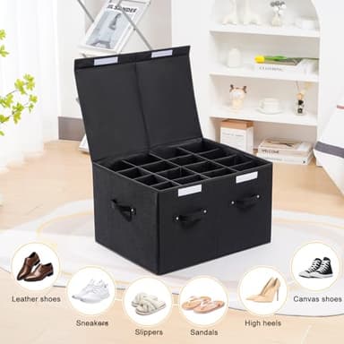 FBBABB 16 Pairs Shoe Storage Box, Foldable Shoe Storage Containers Baskets Boxes Bins Adjustable Dividers for Shoes, Sandal, Sneakers and High Heeled, Stackable and Foldable (Black) - Image 4