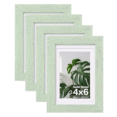 Egofine 4x6 Picture Frames Set of 4, Made of Solid Wood Covered by Plexiglass 3.5x5 with Mat or 4x6 without Mat, for Table Top Display and Wall Mounting Photo Frame Rustic Green - Image 1