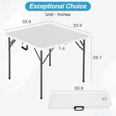 FDW 34" Folding Card Table Plastic Table Portable Square Height Dining Table Perfect for Party and Parties Backyard Events, White - Image 3