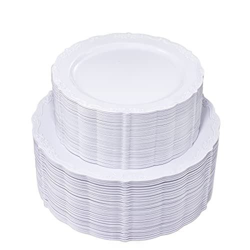 U-QE 100 Pieces White Plastic Plates - White Disposable Plates - Premium Hard Plastic Disposable Plates for Wedding and Party Use Including 50 Dinner Plates 10 '' & 50 Dessert Plates 7.5 '' - Image 1