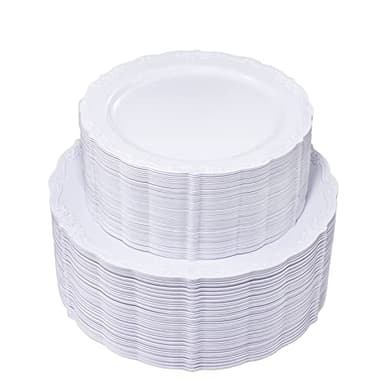 U-QE 100 Pieces White Plastic Plates - White Disposable Plates - Premium Hard Plastic Disposable Plates for Wedding and Party Use Including 50 Dinner Plates 10 '' & 50 Dessert Plates 7.5 '' - Image 1