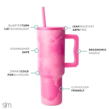Simple Modern 40 oz Trek Tumbler with Handle and Straw Lid | Cup Holder Friendly Insulated Stainless Steel Travel Mug | Pink Whimsical Tie Dye - Image 2