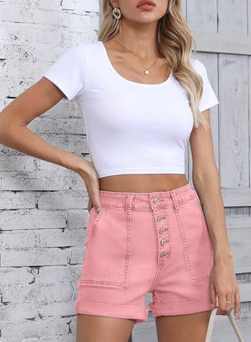 Sidefeel Womens Shorts Casual High Waisted Stretchy Buttoned Folded Hem Jean Shorts Pink Size 8 - Image 2