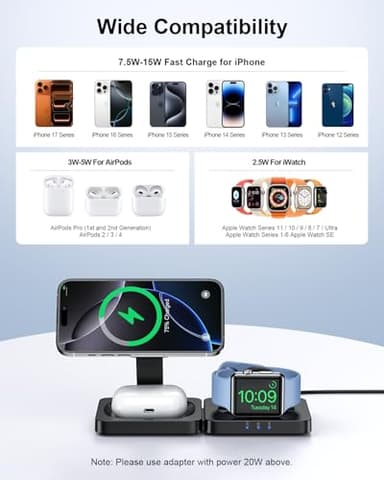 2025 Magnetic Wireless Charging Station - ADADPU 3 in 1 Foldable Mag-Safe Charger Stand for Multiple Apple Devices, Travel Charging Pad for iPhone 17 16 15 14 13 12 Pro Max Plus Apple Watch AirPods - Image 2