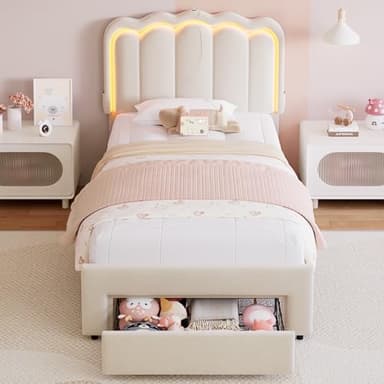 Twin Upholstered LED Bed Frame with Storage Drawer and Adjustable Chic Double Wavy Headboard, Velvet Princess Platform Bed for Kids/Girls, Solid Wood Slats Support, No Box Spring Needed, Beige - Image 3