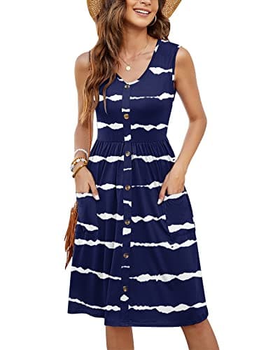 MOLERANI Women Summer Dresses Sleeveless Casual Loose Swing Button Down Midi Dress with Pockets(Navy Wavy Striped,L) - Image 1