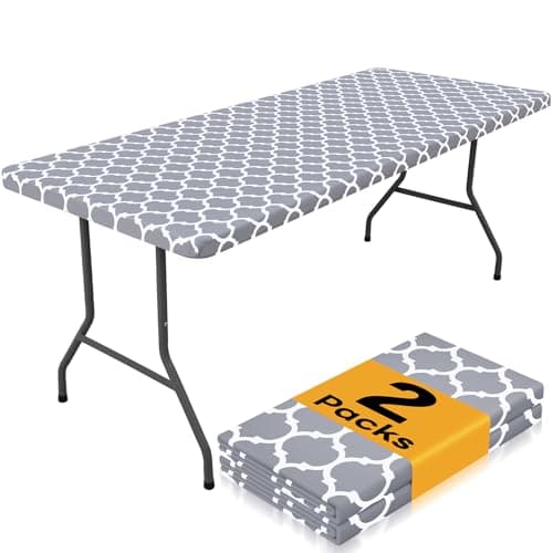 Smiry 2 Pack Rectangle Table Cloth 6 Foot, Waterproof Elastic Fitted Tablecloths, Windproof Washable Polyester Table Cover for Picnic, Camping, Outdoor (Grey, 30"x72") - Image 1