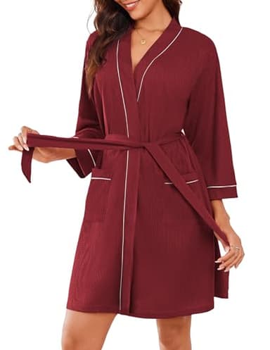 Ekouaer Women Robes Waffle Knee Length Bathrobe Lightweight Soft Sleepwear V neck 3/4 Sleeve Casual Ladies Loungewear Wine Red S - Image 1