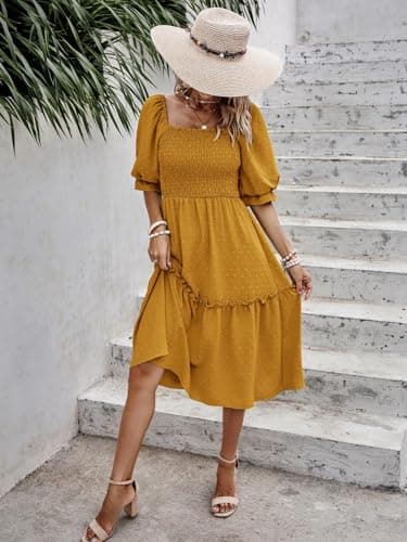PRETTYGARDEN Women's Summer Casual Midi Dresses 2025 Spring Puff Sleeve Square Neck Smocked A-line Flowy Swiss Dot Beach Vacation Dress (Turmeric,S) - Image 7