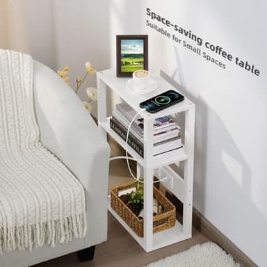 YUFAM 3-Tier Small Narrow Wood Side Table with Charging Station, Skinny Nightstand for Small Space, Slim Bedside Table with Storage for Couch, Thin End Table with USB Ports and Outlets, White - Image 4