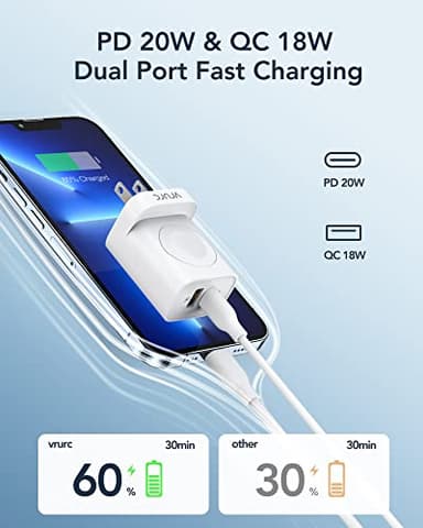 VRURC Charger for Apple Watch, USB C Wall Charging Block for iPhone, 20W Fast Charging,Foldable Plug Travel Charger Stand for iWatch Ultra/SE/10/9/8/7/6/5/4/3/,iPhone 16 15 14 13,Android-White - Image 2