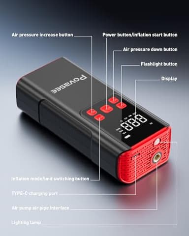 Tire Inflator Portable Air Compressor Povasee 150PSI Portable Air Pump for Tires Cordless Car Tire Inflator with LCD Display,Flashlight, 2X Tire Pump Faster suit for Cars Bikes Motorcycle Ball - Image 6