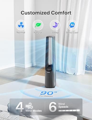 PELONIS 40" Bladeless Tower Fan with Powerful Airflow, Ultra-Quiet DC Motor (22 dB), 6 Speeds, 4 Modes, Remote Control, 7-Hour Timer, 90° Oscillation, Safe Design for Bedroom, Home, Office - Image 5