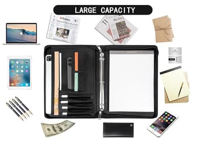 AZXCG Zipper Portfolio Padfolio Binder,3-Ring Padfolio for Women and Men,A4/Letter Size, PU Leather with iPad,Professional Organizer for Resume/Interview (Black) - Image 8