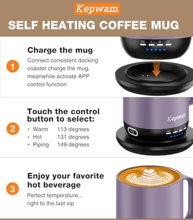 Kepwam Self Heating Coffee Mug 16oz - Fast Heating & Ultra Long-Lasting Battery Life, Heated Coffee Mug Up to 149℉ - Touch & App Controlled Coffee Mug, Birthday Gifts for Women and Men - Image 3