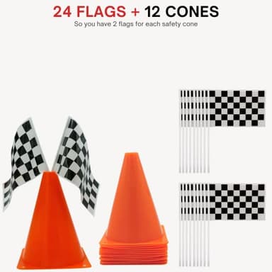 4E's Novelty 38 Pieces Set - 12 Traffic Cones With Hole on Top, 24 Checkered Flags, Racetrack Floor Runner - for For Race Car Birthday Party Supplies, Table Centerpiece Decorations Kids Gift - Image 8