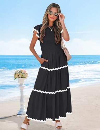 ZESICA Women's Summer Flutter Short Sleeve Smocked Midi Dress Casual High Waist Rickrack Tiered Flowy Dresses,Black,Medium - Image 5