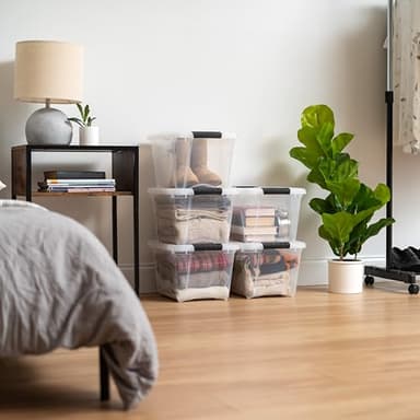 IRIS USA 19 Qt Stackable Plastic Storage Bins with Lids, 6 Pack - BPA-Free, Made in USA - See-Through Organizing Solution, Latches, Durable Nestable Containers, Secure Pull Handle - Clear - Image 7