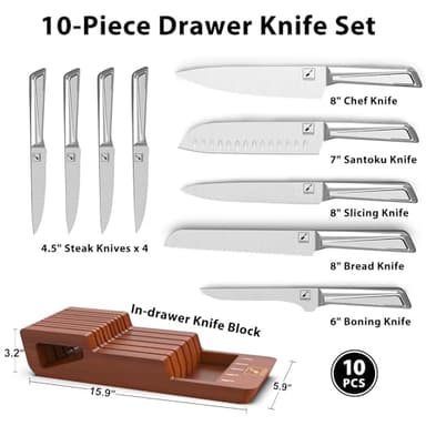 imarku Knife Set, 10 PCS Japanese Stainless Steel Knife Block Set, Kitchen Knife Sets with Wooden Drawer Organizer, Drawer Knife Set,Dishwasher Safe, Ultra Sharp Chef Knife, Gifts for Women Men - Image 6