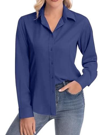siliteelon Dress Shirts for Women Long Sleeve Button Down Shirts for Women Work Shirts Office Blouse Top Dark Blue X-Small - Image 2