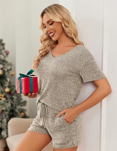 Ekouaer Womens 2 Piece Lounge Sets Summer Two Piece Outfits Ribbed Knit V Neck Short Sleeve Tee and Pockets Shorts Sets - Image 6
