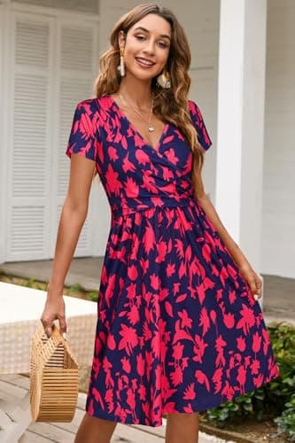 OUGES Women's 2025 Summer Short Sleeve V Neck Floral Midi Dress with Pockets Maternity Nursing Dresses Clothes (Navy Rose Floral,M) - Image 2