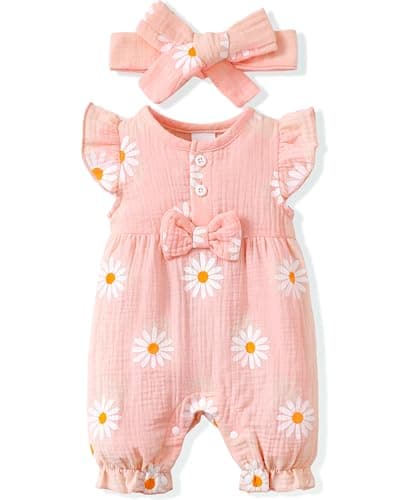 Renotemy Infant Baby Rompers Girl Cotton Linen Short Sleeve Outfits One-Piece Bodysuit Baby Girl Clothes 3-6 Months Daisy Flower Pink - Image 1