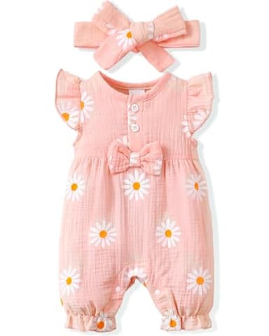 Renotemy Infant Baby Rompers Girl Cotton Linen Short Sleeve Outfits One-Piece Bodysuit Baby Girl Clothes 3-6 Months Daisy Flower Pink - Image 1