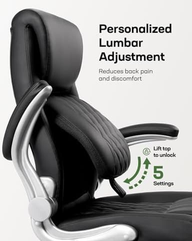 Marsail Ergonomic PU-Leather Office Chair: 5 Settings Lumbar Support, Executive Office Chair Height Adjustable with Padded Flip-up Arms, Executive Desk Chair for Working Study-Black - Image 3