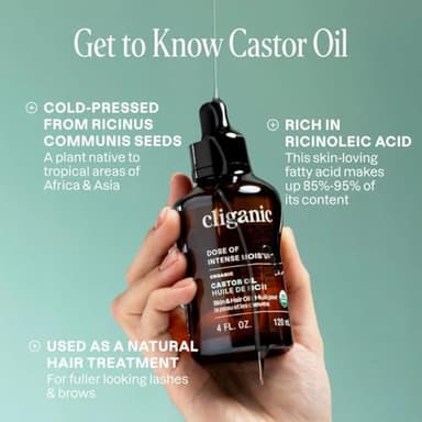 Cliganic Organic Castor Oil, 100% Pure - For Hair, Skin, Face, Eyelashes & Eyebrows | Natural Cold Pressed Unrefined Hexane-Free (8oz) - Image 3