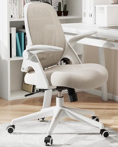 Hbada Office Desk Chair with Flip-Up Armrests and Saddle Cushion, Ergonomic Office Chair with S-Shaped Backrest, Swivel, Mesh, Grey - Image 1