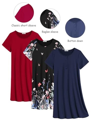 Ekouaer 3 Pack Nightgowns for Women Short Sleeve Sleepshirt Button Down Nightshirt Soft Pajamas Dress Casual Sleepwear, 3X-Large - Image 7