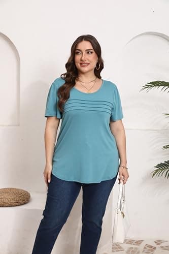 Plus Size T Shirts for Women Summer Short Flare Sleeve Pleated Dressy Casual Scooped Neck Summer Tops Blouses 3X Turquoise - Image 5