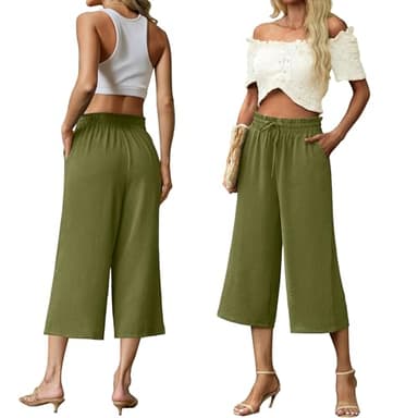 FREEOAK Ladies Summer Capris with Pockets High Waist Wide Leg Flowy Cropped Pants Casual Beach Palazzo Style Army Green Size Medium - Image 3