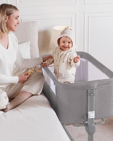 Larex Baby Bassinet, 3 in 1 Bassinets Bedside Sleeper for Newborn, Portable Crib Adjustable 7 Height Bedside Bassinet with Mattress and Wheels Light Grey - Image 2