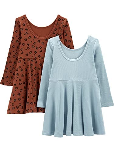 Simple Joys by Carter's Girls' 2-Pack Stretch Rib Dresses, Brown Animal Print/Dusty Blue, 18 Months - Image 2