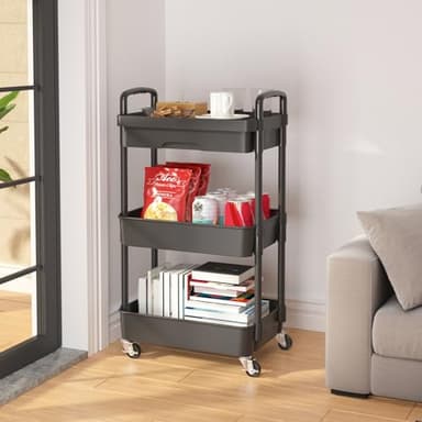 Calmootey 3-Tier Rolling Utility Cart with Drawer,Multifunctional Storage Organizer with Plastic Shelf & Metal Wheels,Storage Cart for Kitchen,Bathroom,Living Room,Office,Black - Image 5