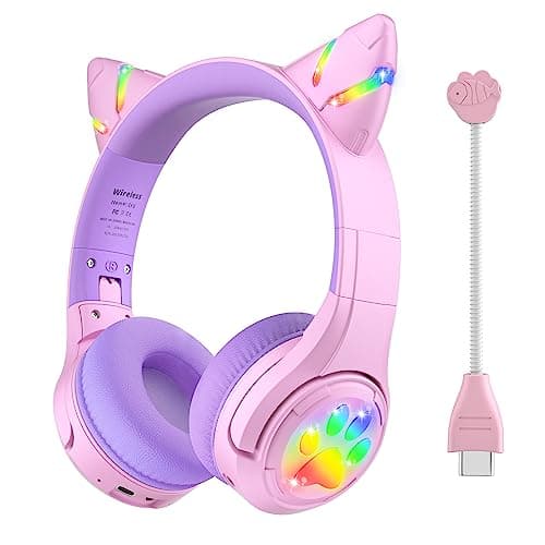 Riwbox CF9 Cat Ear Kids Bluetooth Headphones with LED Light Up,Safe 85dB Volume Limit,Built-in Mic&Boom Mic for Calls,Kids Wireless&Wired Headphones for Tablet/Airplane/School/Online Learning (Purple) - Image 1