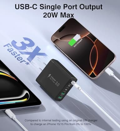 USB C Charger Block, [2-Pack] 50W 5-Port Fast Charger 20W Type C Charging Block 3.1A USB Wall Charger Dual Port PD+QC Charging Cube for iPhone 16 15 14 13 12 11 Pro Max XS, iPad, Samsung, Black - Image 5