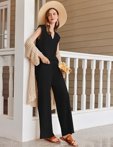 Ekouaer Lounge Sets for Women 2 Piece Outfits Knit Sweater Vest Lounge Pants Casual Matching Loungewear Set Black XXL - Image 2