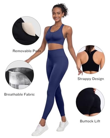 SALSPOR 3 Piece Workout Sets for Women Butt Lifting Leggings with High Impact Sports Bra Gym Shorts(3DWX-Navy Blue-M) - Image 2
