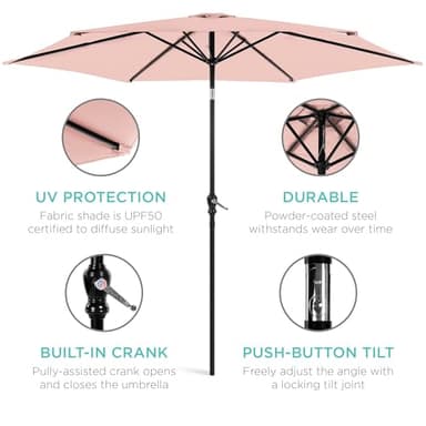 Best Choice Products 10ft Outdoor Steel Polyester Market Patio Umbrella w/Crank, Easy Push Button, Tilt, Table Compatible - Rose Quartz - Image 5