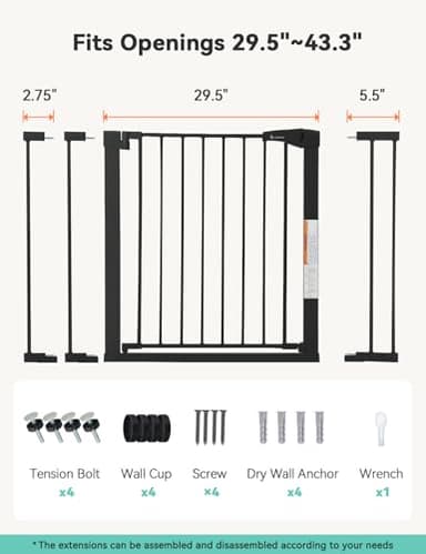 COMOMY 29.5-43.3" Safety Baby Gate Extra Wide, Auto Close Dog Gate for House Doorways Stairs, Pressure Mounted Easy Walk Through Pet Gate Child Gate, Includes 2.75" and 8.25" Extension, Black - Image 5