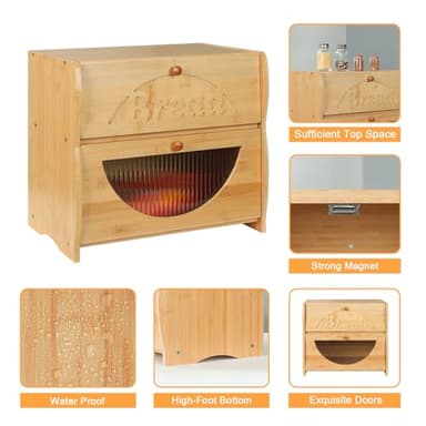 HOMEKOKO Double Layer Large Bread Box for Kitchen Counter, Vintage Design Wooden Large Capacity Bread Storage Bin (Natural Bamboo) - Image 3