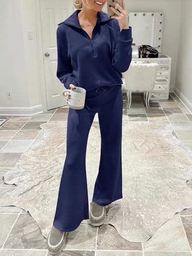 ANRABESS Women 2 Piece Outfits 2025 Fall Fashion Airport Wide Leg Pants Lounge Set Leisure Travel Vacation Clothes Sweatsuits Navy Blue Medium - Image 9